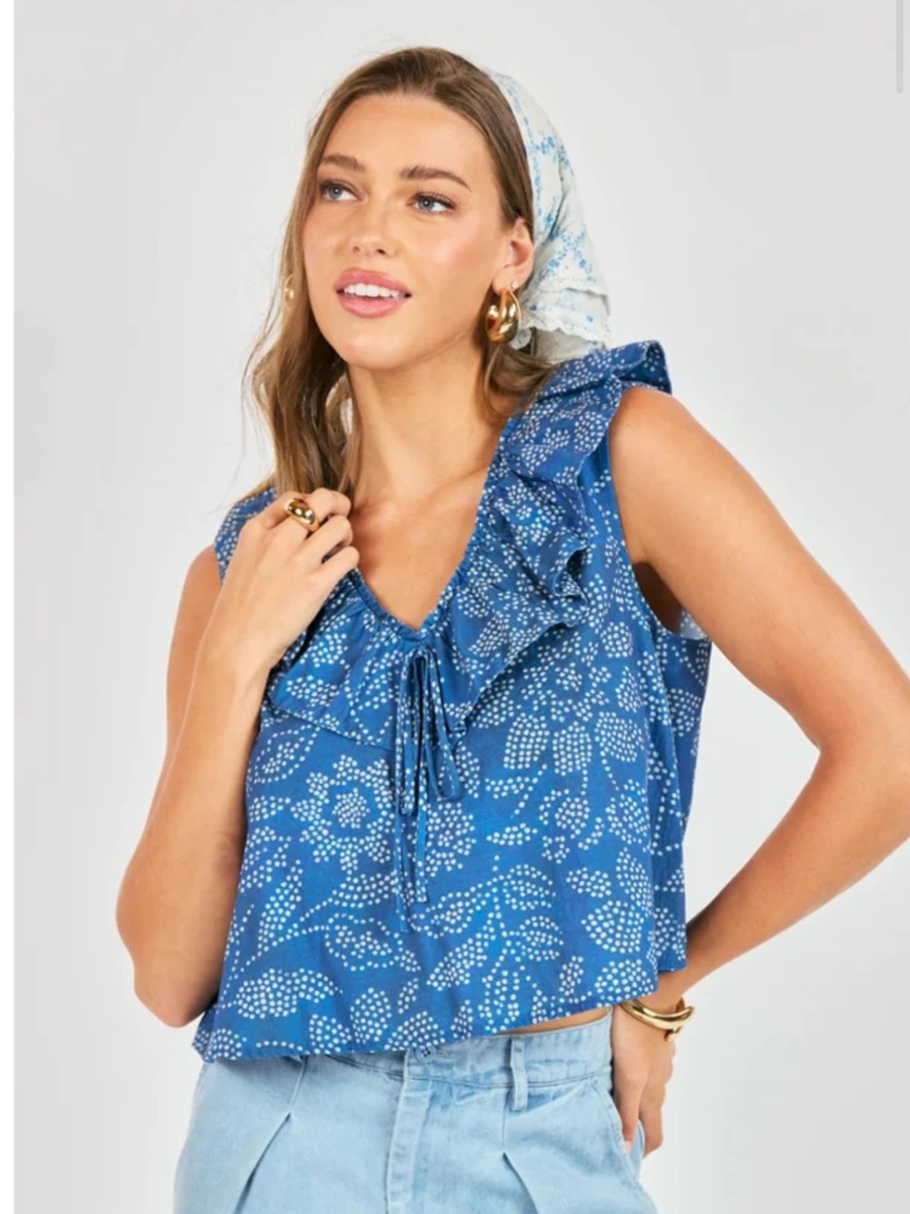Sadie & Sage Blue Floral Ruffle Tie-Front Camisole
